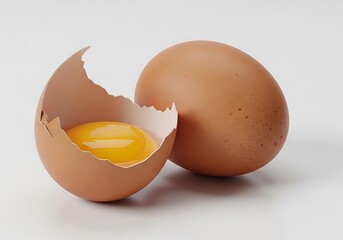 A cracked brown egg beside a whole egg on a white surface