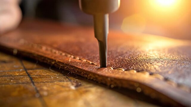 Close up of artisan handcrafting leather with precision tool in warm workshop lighting.