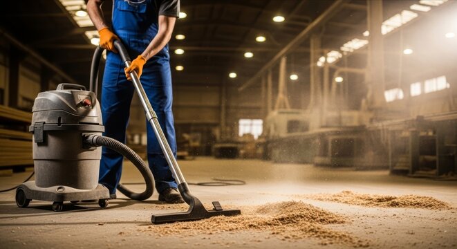 Professional Worker Using Vacuum Cleaner in Industrial Workspace