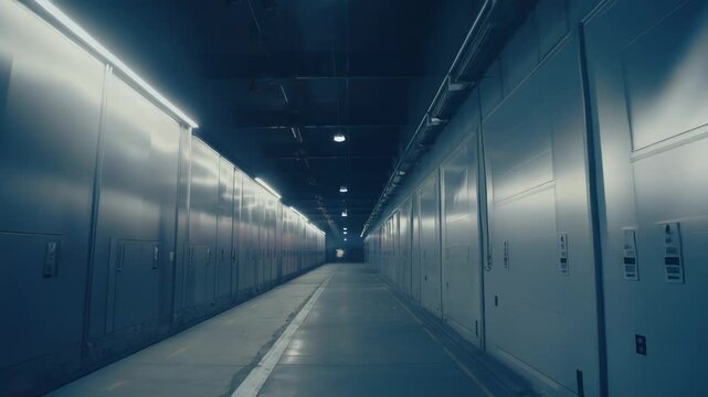 Long industrial hallway leading into the distance, with parallel walls of server racks creating a sterile and futuristic environment, emphasizing technology and infrastructure