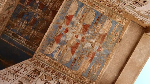 Medinet Habu temple painted ceiling with vulture goddess and hieroglyphs in red orange colors in Luxor Egypt, ancient Egyptian astronomical decorations and cartouches;.