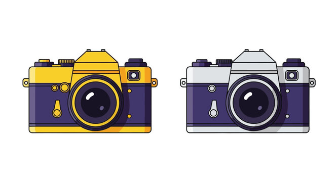 Two vintage cameras one yellow and one silver are displayed side by side