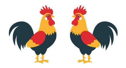 Two brightly colored roosters facing forward in a cartoon style © SHANTI