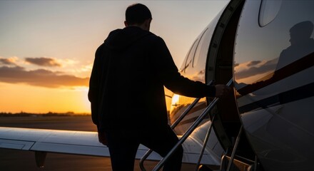 Fototapeta premium Man Boarding Private Jet at Sunset with Vivid Sky Colors
