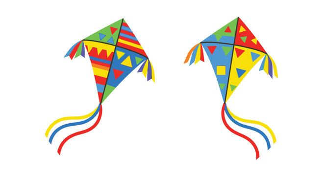 Two colorful diamond kites with patterned sails against a white background