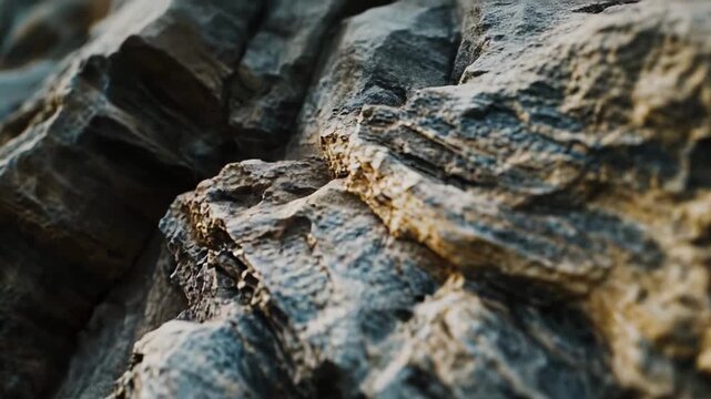 Jagged, weathered stone close up showing layered grey and brown textures, rugged geological patterns and raw, durable surface detail for abstract, natural background and macro study