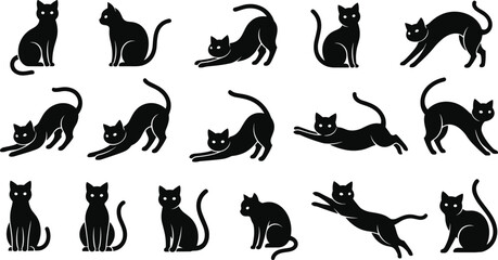 Black vector silhouette set of domestic cats in various poses including sitting stretching jumping and walking for pet shop animal welfare and feline branding © MdRubel