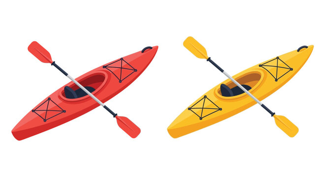 Overhead view of two colorful kayaks with black paddles