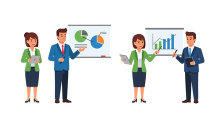 Business team presenting data and charts in a modern office setting