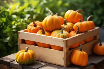 small pumpkins fresh in wooden crate on blurred plantation background