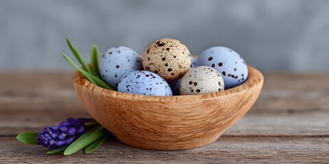Obraz premium A wooden bowl with speckled eggs, green leaves, and purple flowers