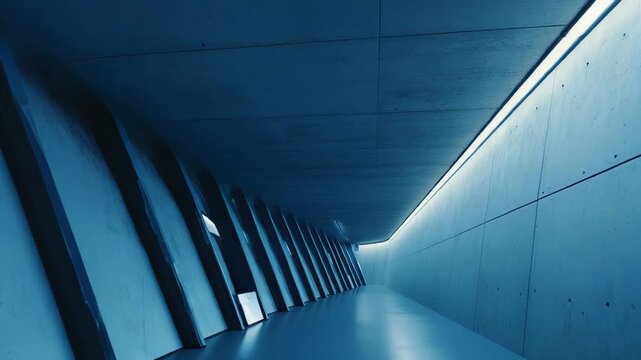 Futuristic corridor showcasing contemporary design principles, featuring minimalist concrete textures and subtle strip lighting creating a dynamic, forward looking atmosphere