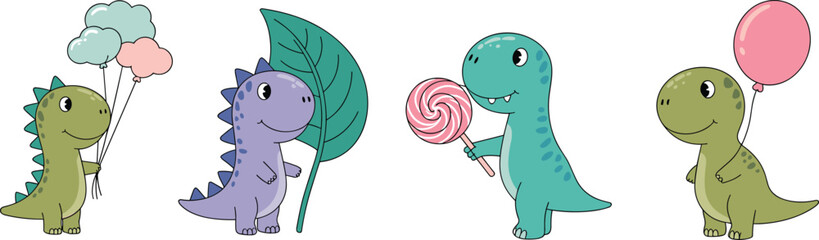 Set of cute cartoon dinosaurs including Tyrannosaurus Rex and Triceratops holding colorful balloons, sweet lollipops, and large tropical leaves for children party nursery decor © Sujay
