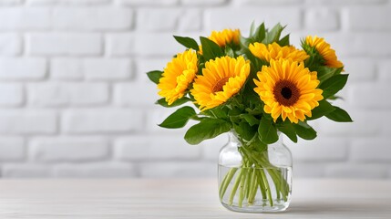 Fototapeta premium Sunflowers in a jar stand against a light brick wall for Womens Day