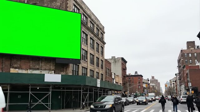 Urban billboard on brick building with empty green screen for ads, and city street view.