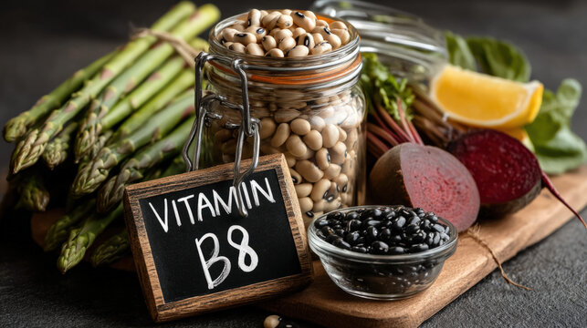 Text "VITAMIN B9" written with chalk on a blackboard, surrounded by black-eyed peas, asparagus spears and beetroot