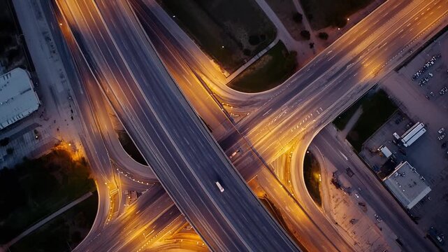 Modern city infrastructure featuring a complex highway interchange with multiple lanes and cloverleaf ramps, illuminated by bright streetlights at dusk, highlighting urban connectivity and transport