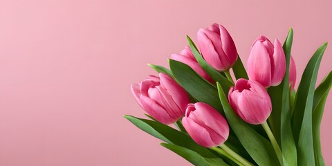 Obraz premium Fresh pink tulips arranged with green leaves on a soft pink background