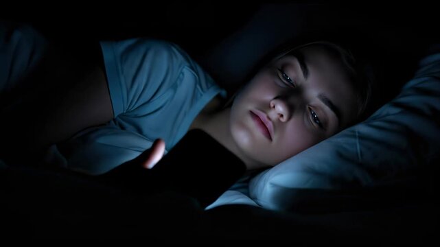 Young woman lying in bed at night unable to sleep while looking at her illuminated smartphone screen in the dark.