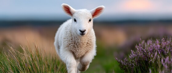 Naklejka premium A lamb jumps in the grass, showing its fluffy wool and pink pads on soft ground