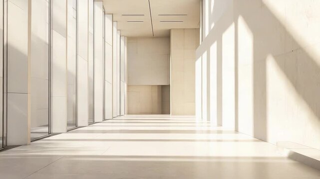 Contemporary spacious hallway featuring minimalist design, clean lines, and geometric sun patterns illuminating the empty floor, creating a sense of calm and openness