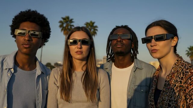 Diverse group of young friends looking up at the sky while wearing solar eclipse glasses outdoors.
