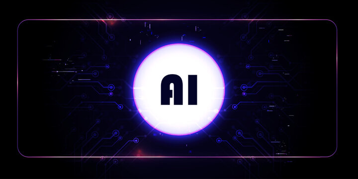 Glowing AI text inside a neon circle over a dark futuristic circuit board background with high-tech elements