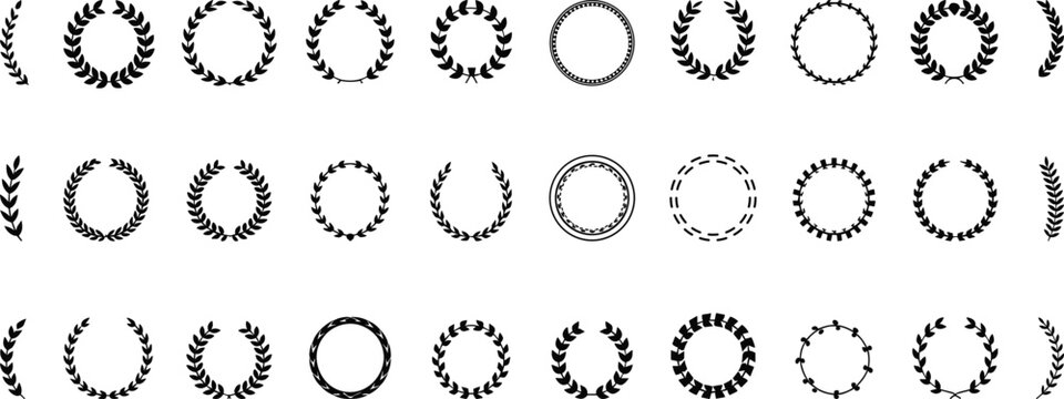 Collection of laurel wreaths vector icons, victory awards, decorative branch frames, heraldic circular emblems, wheat grain trophy borders, black foliage set