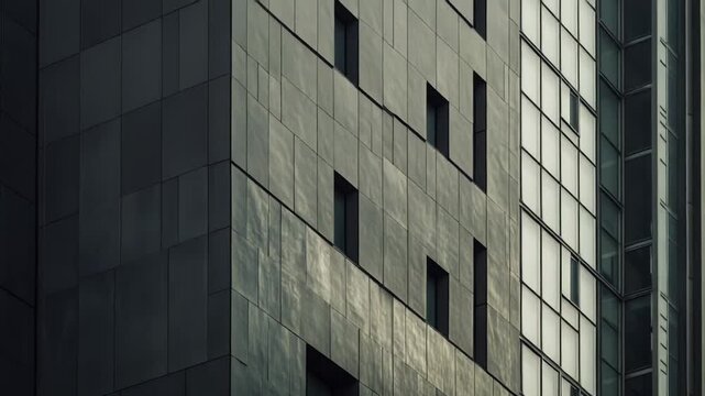 Modern building facade presents a striking architectural abstract with its geometric panels and reflective glass windows, creating a dynamic urban backdrop
