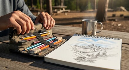 Obraz premium Creative Art Process with Sketchbook and Color Pencils Outdoors