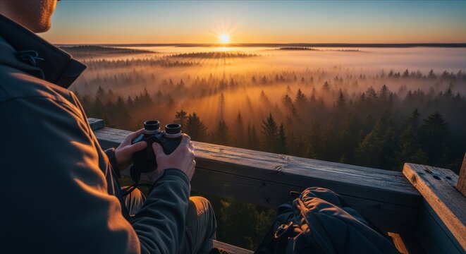 Peaceful Sunrise Over Misty Forest with Person Using Binoculars