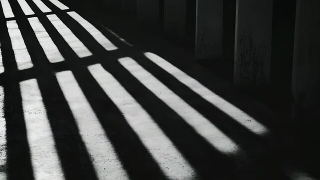 Bright parallel beams of sunlight cast sharp striped patterns across a dark, weathered concrete floor, creating high contrast geometric lines and dramatic minimalist texture and shadow