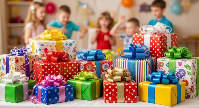 Pile of colorful wrapped birthday gifts with ribbons and bows. Children playing in the blurred background of a festive party