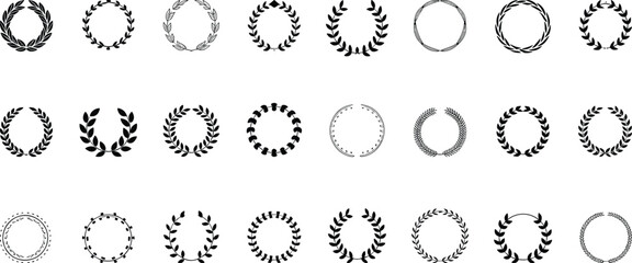 Set of hand drawn circular laurel wreaths floral frames wheat leaf branches and trophy awards vector decorative design elements for logos © Halal Artist