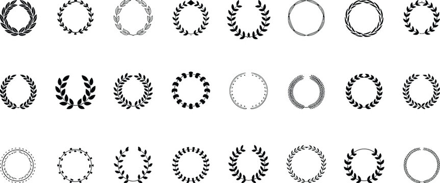Set of hand drawn circular laurel wreaths floral frames wheat leaf branches and trophy awards vector decorative design elements for logos
