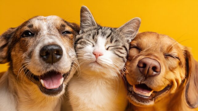 Veterinarian banner with pets, happy fluffy dogs and cat in veterinary clinic. Medical care for domestic animals