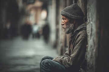 Homeless Couple Man Woman Sitting on Street