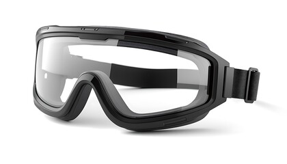 A pair of sleek black protective goggles with clear lenses on a white background