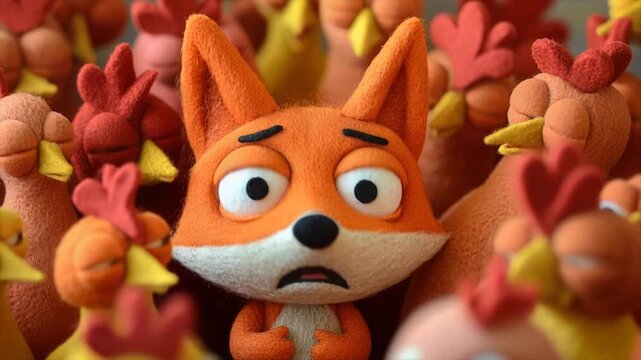 A confused, wide-eyed fox in a chicken henhouse