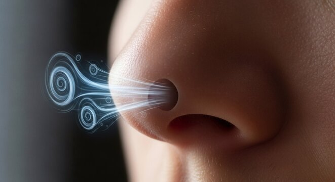 Close-up of a nose smelling with swirling scent particles