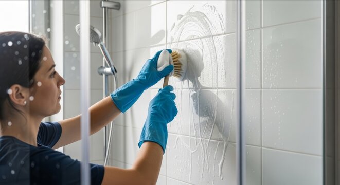Woman with Gloves Cleaning Shower Tiles with Brush and Soap