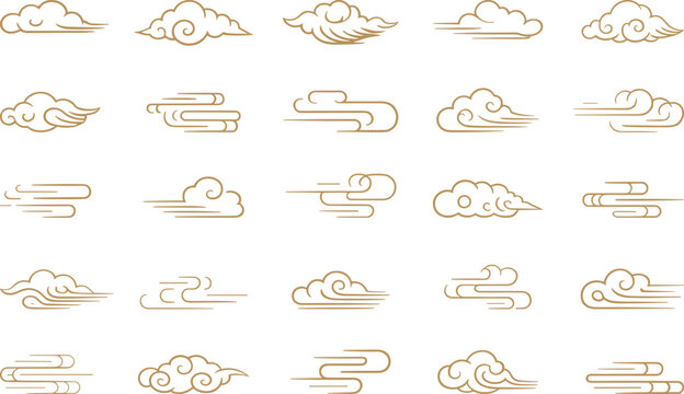 Traditional oriental cloud vector set featuring golden minimalist line art, japanese zen patterns, chinese auspicious symbols, and decorative swirls for backgrounds
