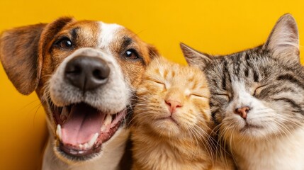 Fototapeta premium Veterinarian banner with pets, happy fluffy dogs and cat in veterinary clinic. Medical care for domestic animals