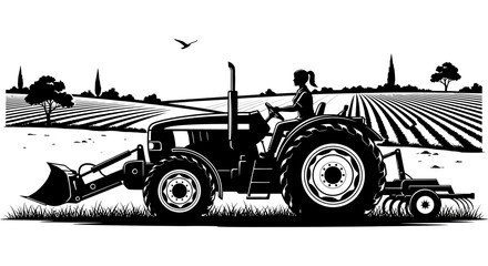 Farmer operating a tractor in a field for agricultural purposes during the daytime with crops being cultivated in the surrounding area.