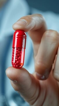 Doctor Hand Holding Red Capsule Pill. Medical Professional, Pharmaceutical Product, Clinical Pharmacy.