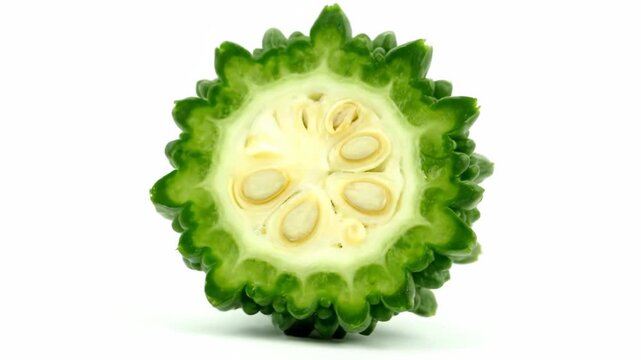 Collection of green bitter gourd slices in a row isolated on white. Momordica charantia is a tropical vegetable used for healthy diets and herbal medicine