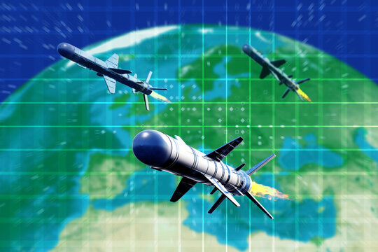Cruise missiles with jet engines flying over digital globe, concept of global strike capability, modern military technology and strategic defense systems.