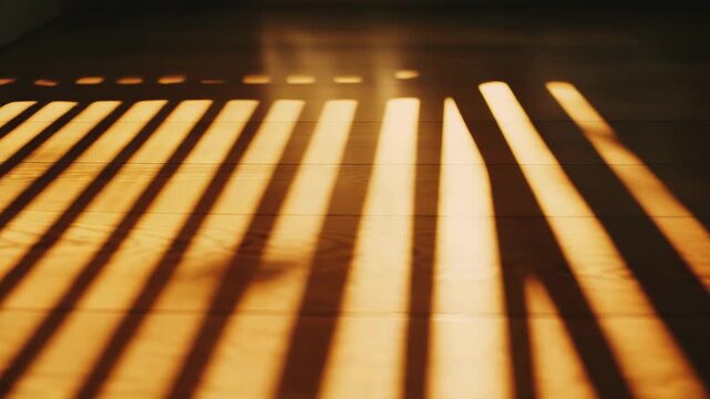 Sunlight streaming through window blinds casts long, parallel shadows and bright light onto a wooden floor, creating a beautiful play of light and shadow, evoking a cozy and tranquil atmosphere