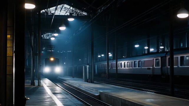 Train cutting through a dim station at night, single headlight piercing the gloom as it approaches the empty platform, evoking motion, solitude and mysterious journey