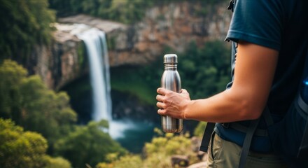 Hiker Holding Metal Water Bottle Near Scenic Waterfall View